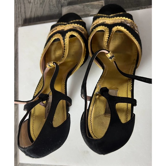 Prada Strappy Sandals black satin gold python heels 40.5 10.5 - Picture 9 of 11